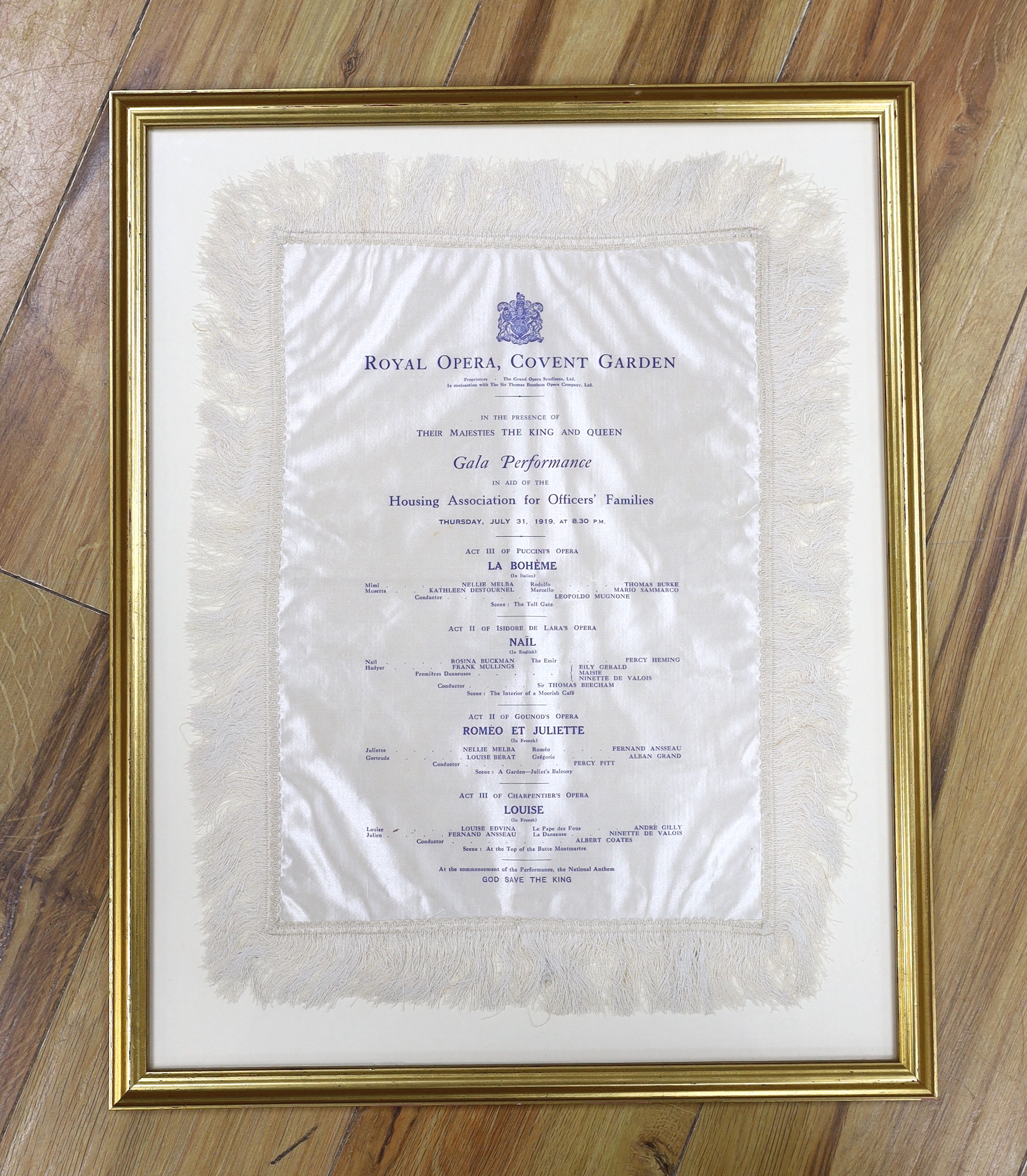A vintage silk Royal Opera, Covent Garden programme, framed, 43 x 33cm